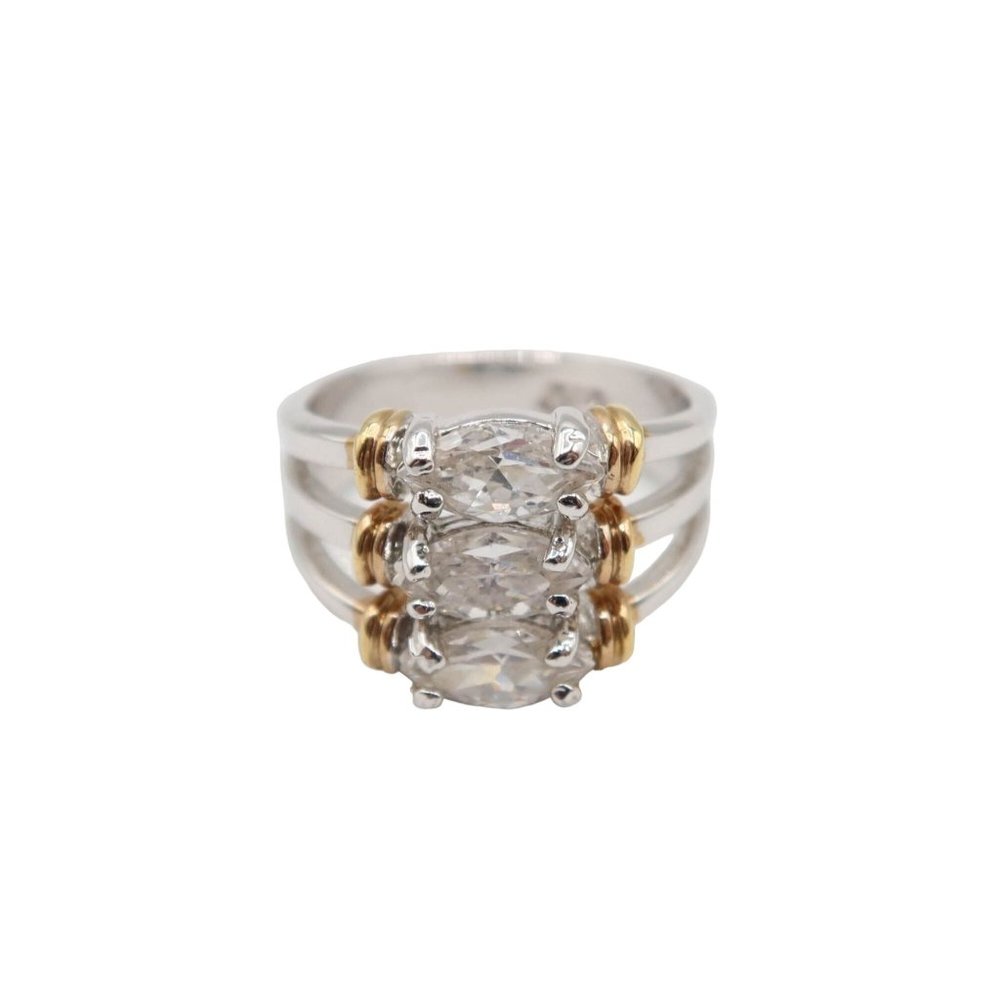 Signed DAC Stacked 3 Stone Crystal Silver Tone Gold Tone Ring Size 6.5-6.75